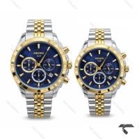 ست ساعت مچی سیکو سه موتوره دورنگ طلایی صفحه سرمه ای Seiko-11438-S
