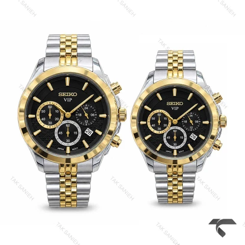ساعت مچی ست سیکو سه موتوره کرنوگراف دوزنگ طلایی مشکی Seiko-11439-S