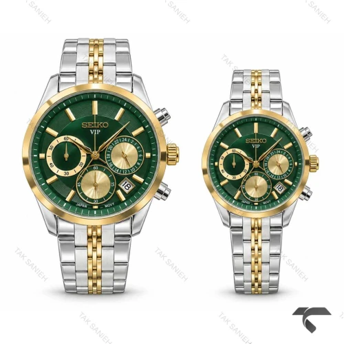 ساعت ست سیکو VIP کرنوگراف دورنگ طلایی صفحه سبز طلایی Seiko-11441-S