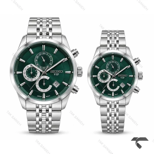 ست ساعت عروس دامادی سیکو سه موتوره استیل صفحه سبز Seiko-11442-S