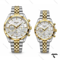 ساعت سیکو ست سه موتوره کرنوگراف دورنگ طلایی صفحه سیلور Seiko-11447-S