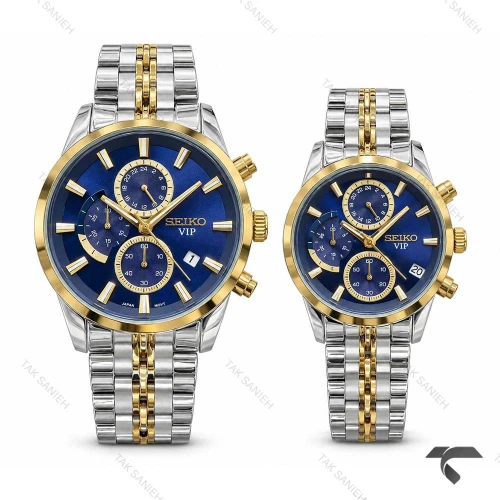 ست ساعت عروس داماد سیکو دورنگ طلایی صفحه سرمه ای کرنوگراف Seiko-11449-S