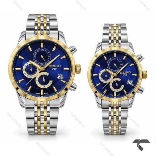 ست ساعت سیکو سه موتوره کرنوگراف دورنگ طلایی صفحه سرمه ای Seiko-11451-S