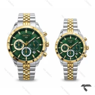 ساعت ست عروس داماد سیکو VIP سه موتوره دورنگ طلایی صفحه سبز Seiko-11454-S