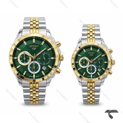 ساعت ست عروس داماد سیکو VIP سه موتوره دورنگ طلایی صفحه سبز Seiko-11454-S