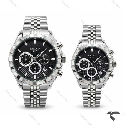 ست ساعت سیکو VIP سه موتوره کرنوگراف نقره ای صفحه مشکی Seiko-11455-S