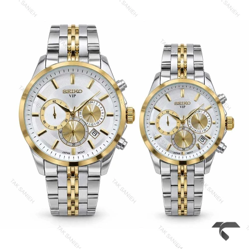 ساعت ست سیکو VIP سه موتوره کرنوگراف دورنگ طلایی Seiko-11456-S