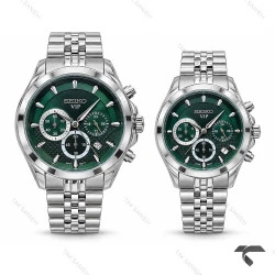 ست ساعت سیکو VIP سه موتوره کرنوگراف سیلور صفحه سبز بند جوبیلی Seiko-11457-S
