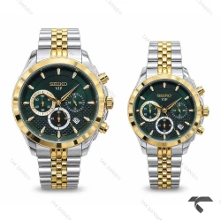 ساعت ست سیکو VIP سه موتوره دورنگ طلایی صفحه سبز Seiko-11458-S