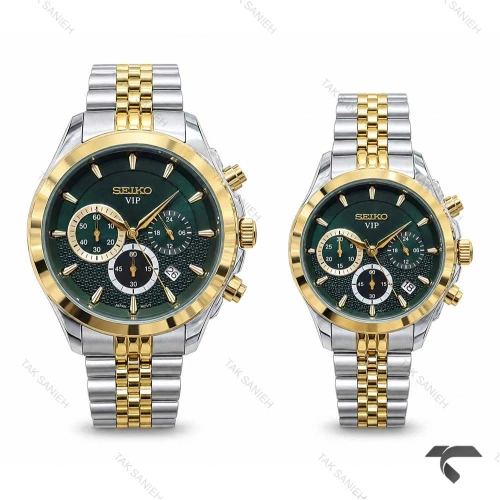 ساعت ست سیکو VIP سه موتوره دورنگ طلایی صفحه سبز Seiko-11458-S