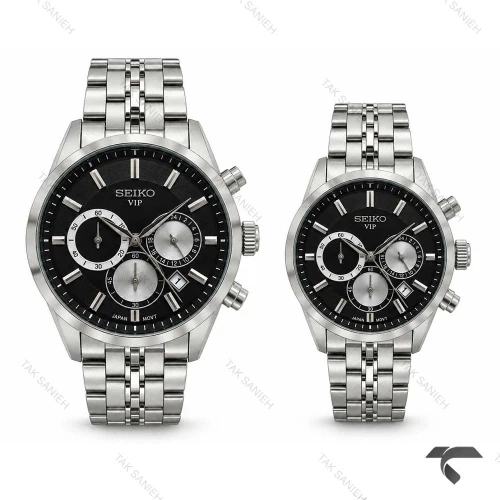 ساعت ست سیکو VIP رفرنس 31692 کورنوگراف نقره ای صفحه مشکی Seiko-11459-S