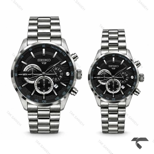ساعت ست سیکو VIP رفرنس 31693 کرنوگراف سیلور صفحه مشکی Seiko-11461-S