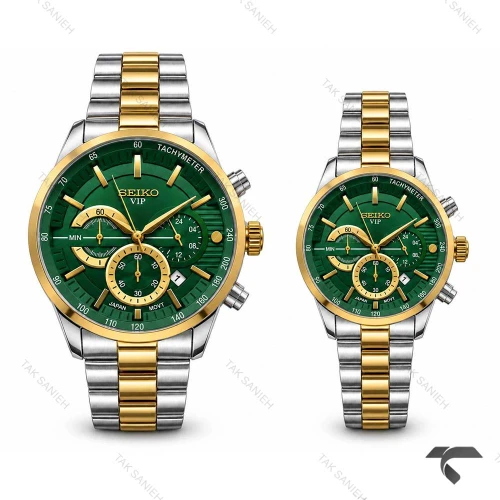 ساعت ست سیکو VIP رفرنس 31693 کرنوگراف دورنگ طلایی صفحه سبز Seiko-11466-S