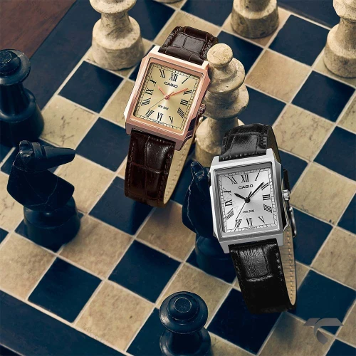 ساعت کاسیو مستطیلی مردانه MTP-B190L-7BV سیلور بند چرم مشکی Casio-11474-G