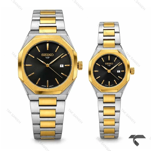 ساعت ست سیکو کلاسیک رفرنس 31668 دورنگ طلایی صفحه مشکی Seiko-11529-S
