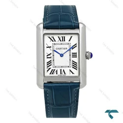 ساعت کارتیه تانک مردانه نقره ای بند چرم سرمه ای Cartier-8888-G