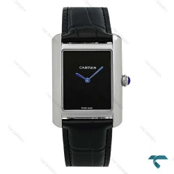 ساعت کارتیر تانک مردانه سیلور صفحه مهندسی بند چرم مشکی Cartier-8920-G