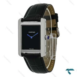 ساعت کارتیر تانک مردانه سیلور صفحه مهندسی بند چرم مشکی Cartier-8920-G
