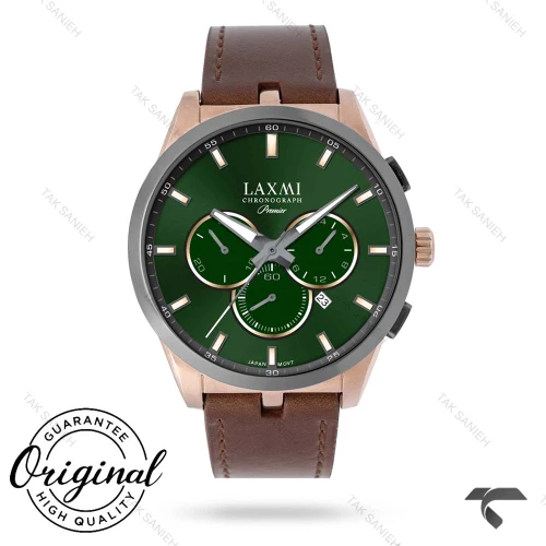 ساعت لاکسمی 8131-1 مردانه رزگلد صفحه سبز بند چرم قهوه ای Laxmi-9150-G