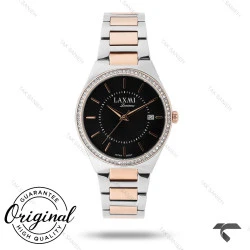 ساعت لاکسمی زنانه دورنگ رزگلد 8135-3 صفحه مشکی دورنگین Laxmi-9166-L