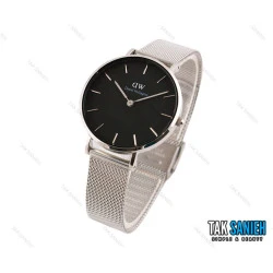 ساعت دنیل ولینگتون زنانه بندحصیری نقره ای صفحه مشکی مدیوم Daniel-2041-L