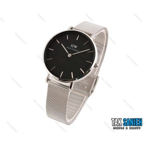 ساعت دنیل ولینگتون زنانه بندحصیری نقره ای صفحه مشکی مدیوم Daniel-2041-L