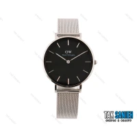 ساعت دنیل ولینگتون زنانه بندحصیری نقره ای صفحه مشکی مدیوم Daniel-2041-L