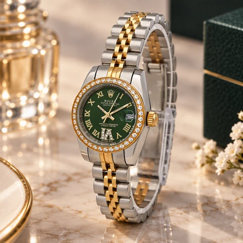 ساعت رولکس زنانه دورنگ طلایی صفحه سبز ایندکس یونانی دورنگین اسمال Rolex-7286-L