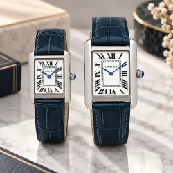 ساعت ست کارتیر تانک نقره ای بند چرم سرمه ای Cartier-8890-S