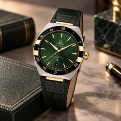 ساعت امگا کانسلیشن مردانه دورنگ طلایی بند چرم سبز Omega-10765-G