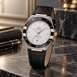 ساعت امگا کانسلیشن مردانه بند چرم مشکی صفحه سفید Omega-10767-G