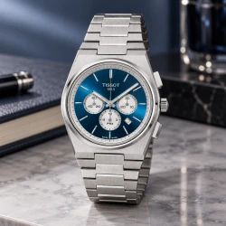ساعت تیسوت مردانه PRX سه موتوره کورنوگراف سیلور صفحه سرمه ای Tissot-10781-G