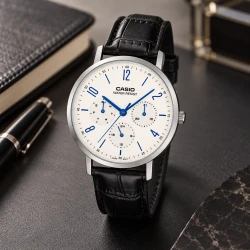 ساعت مردانه کاسیو MTP-VT06L-7B سه موتوره مشکی صفحه سفید بند چرم Casio-10793-G