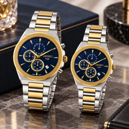 ساعت ست سیکو رفرنس 31696 کرنوگراف دورنگ طلایی صفحه سرمه ای Seiko-11463-S
