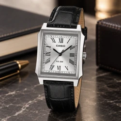 ساعت کاسیو مستطیلی مردانه MTP-B190L-7BV سیلور بند چرم مشکی Casio-11474-G