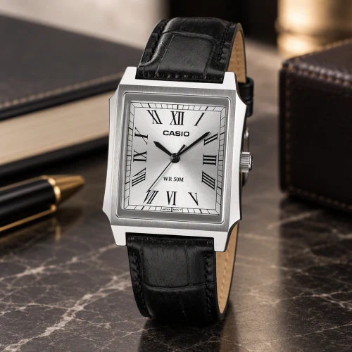 ساعت کاسیو مستطیلی مردانه MTP-B190L-7BV سیلور بند چرم مشکی Casio-11474-G