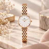 ساعت مچی زنانه DW گرد رزگلد صفحه سفید DW-11496-L