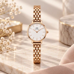 ساعت مچی زنانه DW گرد رزگلد صفحه سفید DW-11496-L