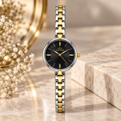 ساعت الگانس زنانه رفرنس EL007 دورنگ طلایی صفحه مشکی Elegance-11491-L